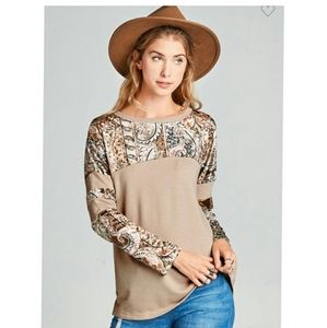 Oddy Varsity Style Long Sleeve Top w Paisley Crushed Velvet S